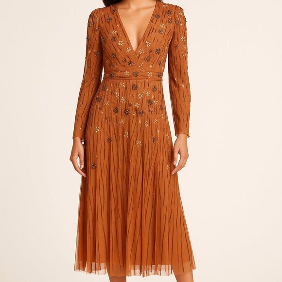 Mac Duggal Dresses & Skirts - Mac Duggal Cognac Sequin Midi Dress 94076 Long Sleeve V-Neck Size 2